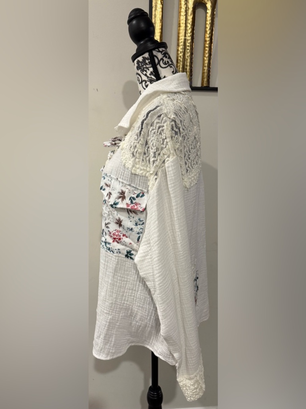 POL Ivory Lace-Up Patchwork Peasant Tunic - Picture 7 of 9
